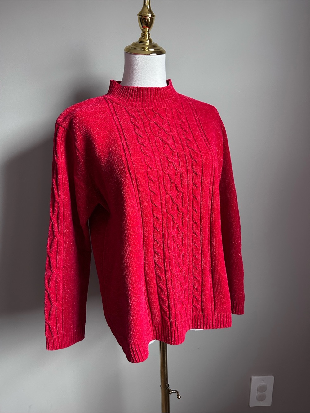 Vintage Red Cable Knit metallic shimmer Mock Neck holiday Sweater